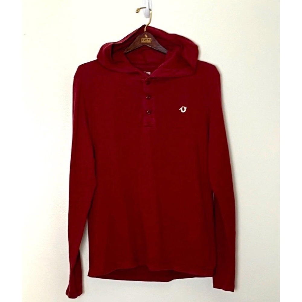 True Religion Hooded Henley Shirt Mens Small Burgundy Heather Streetwear